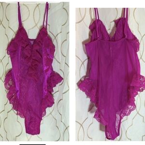 Vintage Lace and silky teddy fuchsia lingerie ruffles French cut sheer sexy M